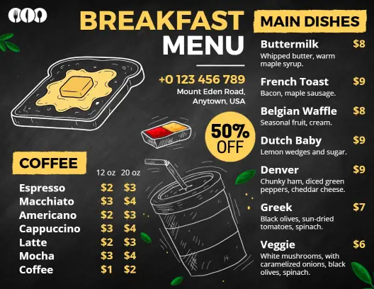 Delicious Breakfast Delights with Coffee and Main Dishes Breakfast Menu Template