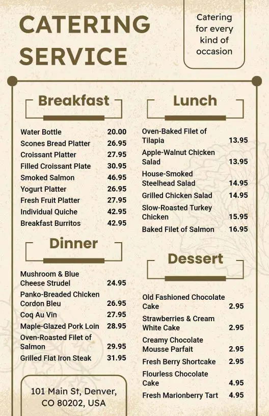 Delicious Breakfast, Lunch, Dinner, and Dessert Selections Catering Menu Template