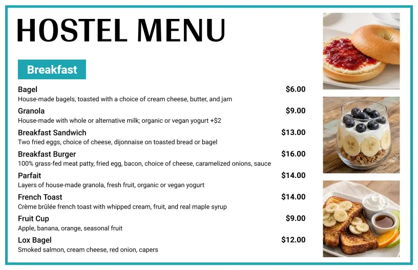 Delicious Breakfast Options and Refreshing Drinks Hostel Menu Template
