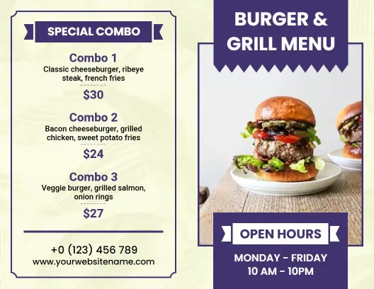 Delicious Burger and Grill Options with Tasty Sides Bi-Fold Menu Template