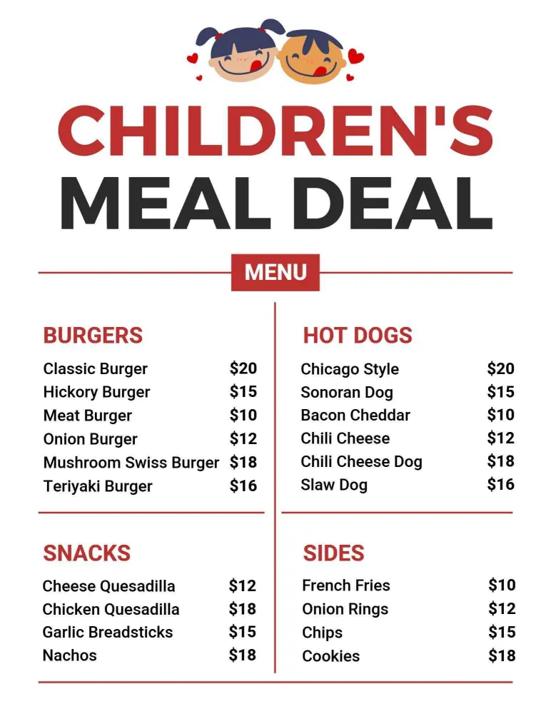 Delicious Burgers and Fun Snack Options Kids Menu Template