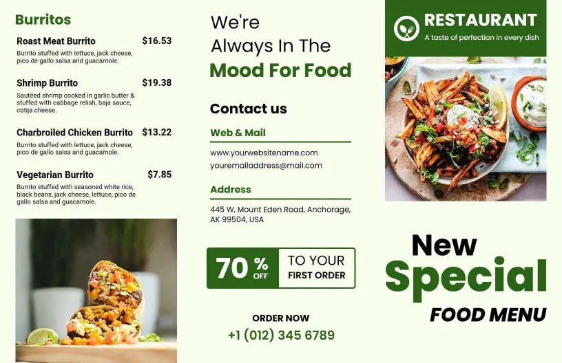 Delicious Burrito and Combo Selections Tri Fold Menu Template