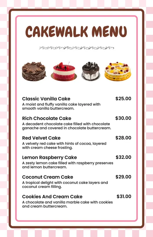 Delicious Cake Varieties Featuring Unique Flavors Cake Menu Template