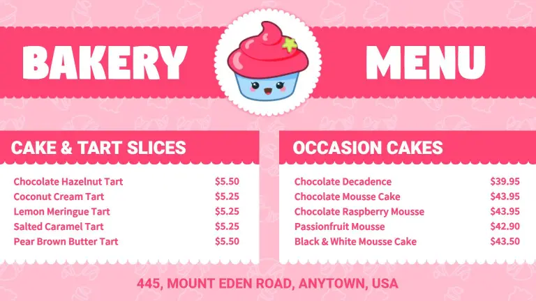 Delicious Cakes and Tarts Featuring Decadent Flavors Bakery Menu Template