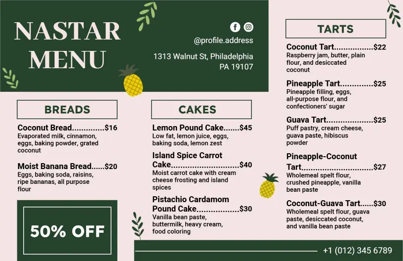 Delicious Cakes and Tarts Featuring Exotic Flavors Dessert Menu Template