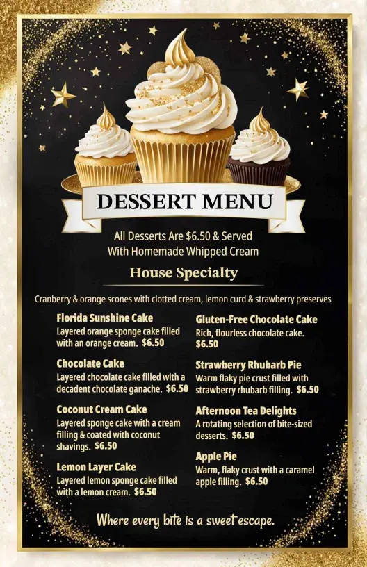 Delicious Cakes and Treats with Creamy Accents Dessert Menu Template