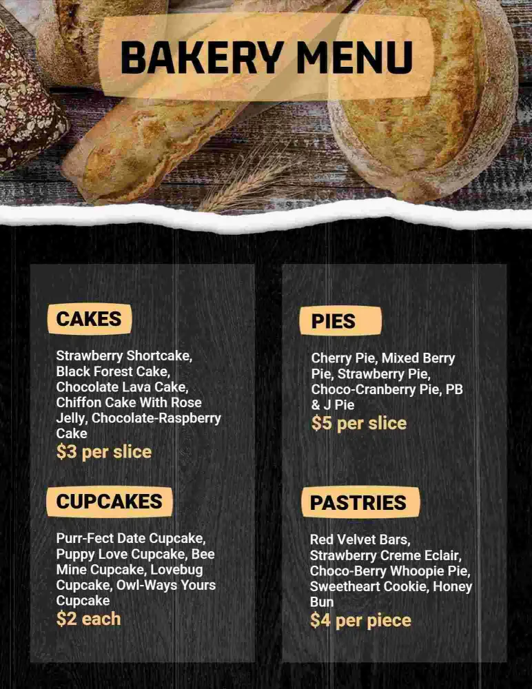 Delicious Cakes, Pies, and Pastries Assorted Bakery Menu Template