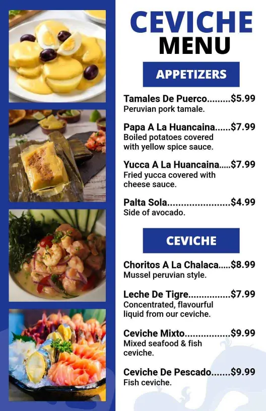 Delicious Ceviche Options with Fresh Ingredients Seafood Menu Template