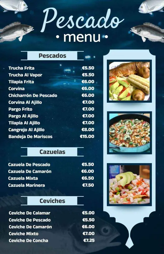 Delicious Ceviches and Fresh Pescado Selections Seafood Menu Template