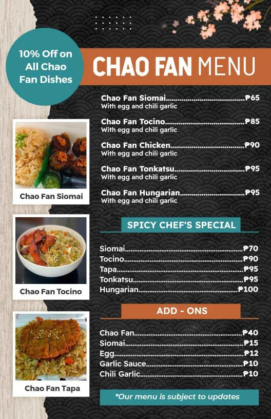 Delicious Chao Fan Varieties with Egg and Garlic Options Chinese Menu Template