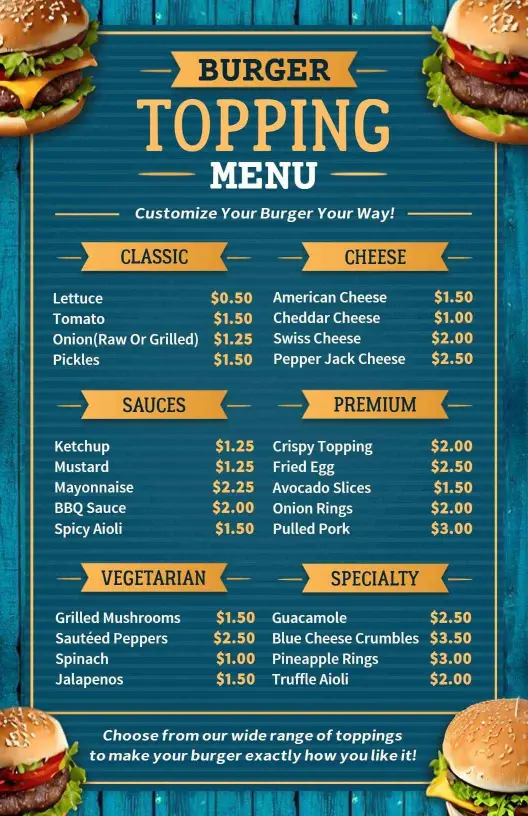 Delicious Cheese and Classic Topping Choices Burger Menu Template
