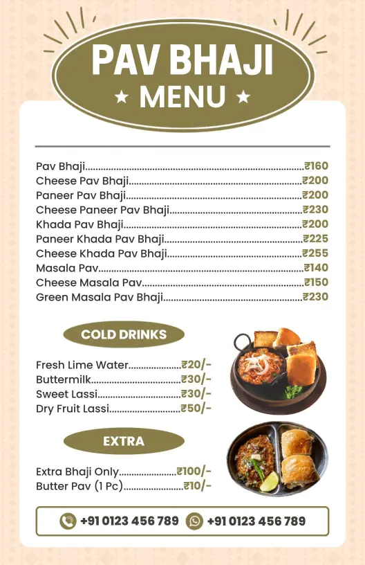 Delicious Cheese and Paneer Varieties in Pav Bhaji Menu Template