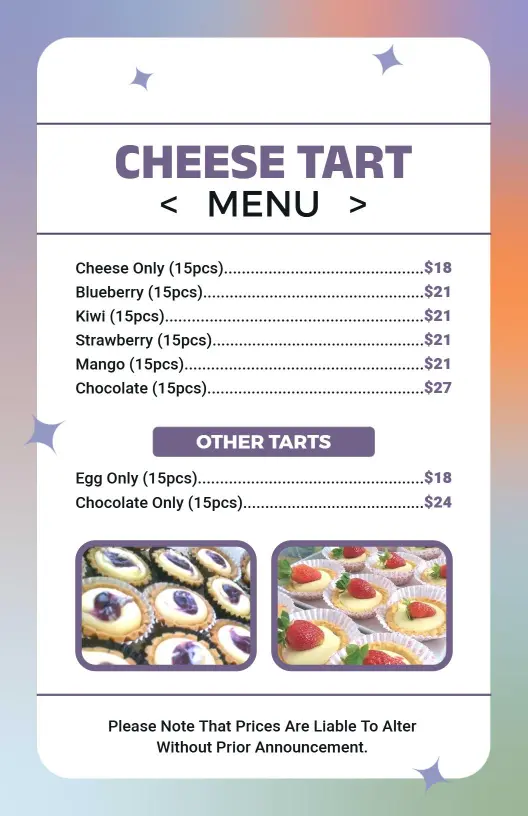 Delicious Cheese Tart Varieties Featuring Fresh Flavors Dessert Menu Template