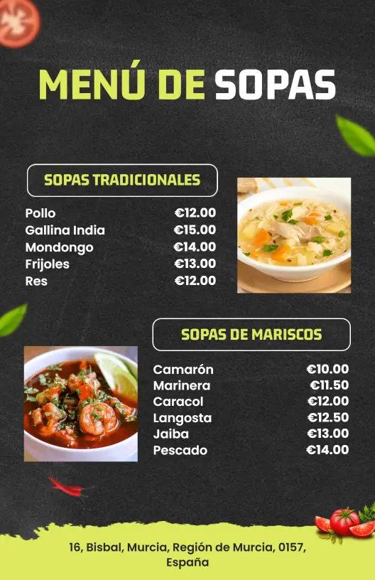 Delicious Chicken and Seafood Varieties with Fresh Ingredients Soup Menu Template