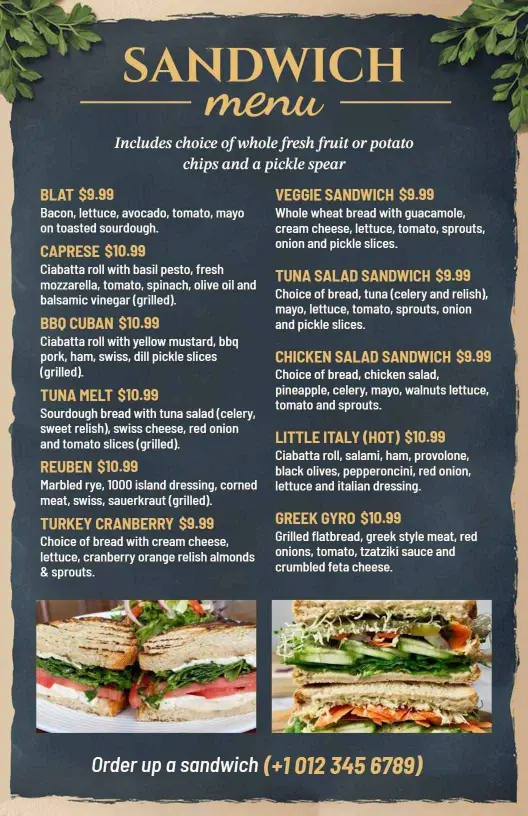 Delicious Chicken Salad and BBQ Flavor Selection Sandwich Menu Template