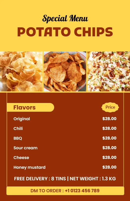Delicious Chili and Sour Cream Potato Chips Menu Template