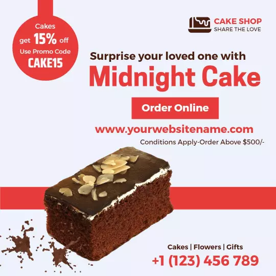 Delicious Chocolate Midnight Cake with Discount Offer Ad Template