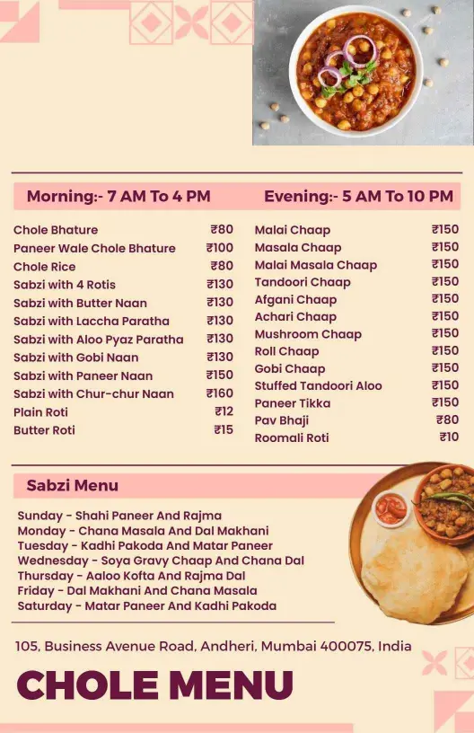 Delicious Chole Bhature and Authentic Indian Dishes Menu Template