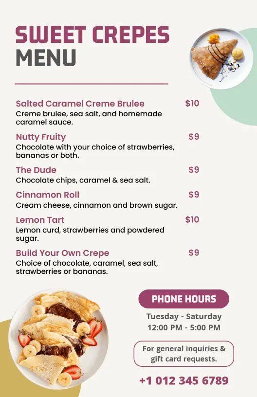 Delicious Cinnamon Roll and Tart Lemon Crepes Menu Template