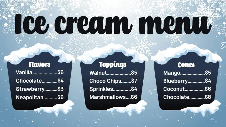 Delicious Classic and Unique Ice Cream Flavors and Toppings Ice Cream Menu Template