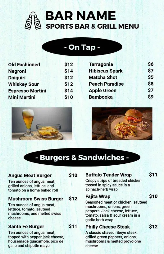 Delicious Cocktails and Tasty Burgers Crafted for You Bar Menu Template