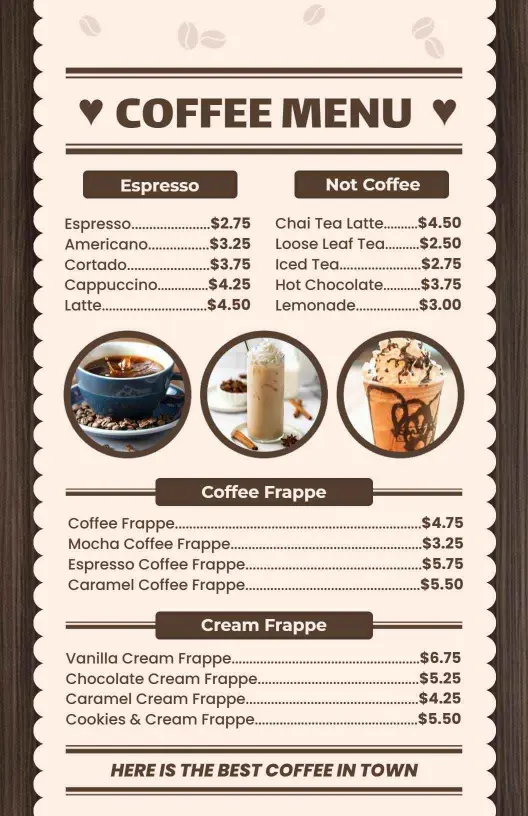 Delicious Coffee Beverages and Creamy Frappes Cafe Menu Template