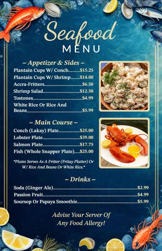 Delicious Conch, Lobster, and Shrimp Delights Seafood Menu Template