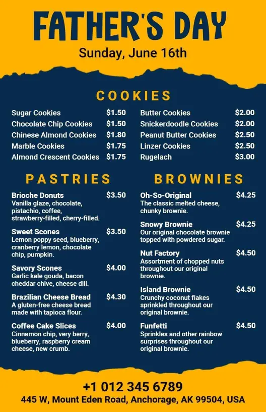 Delicious Cookies and Pastries for Celebrating Father's Day Menu Template