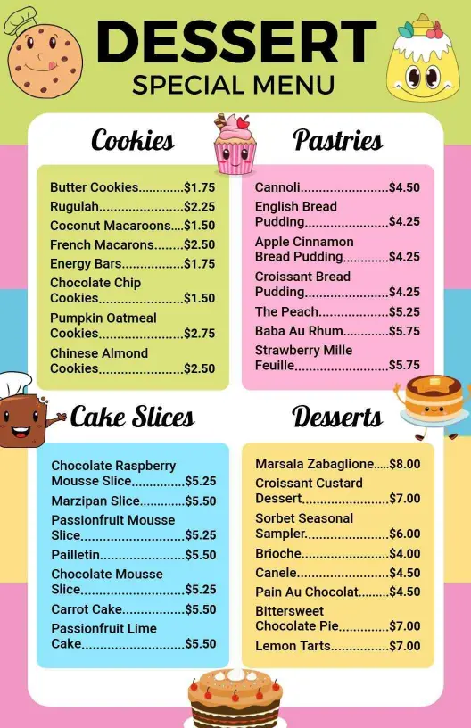 Delicious Cookies and Pastries Including Cakes and Treats Dessert Menu Template