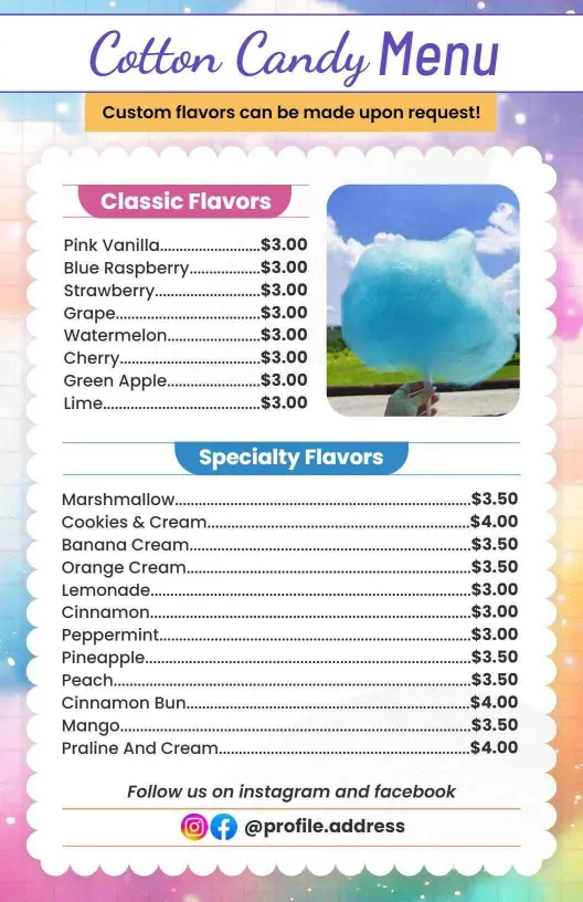 Delicious Cotton Candy Flavor Selections and Sweet Treats Dessert Menu Template