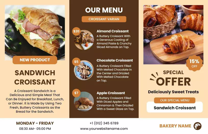 Delicious Croissant Sandwich Variations Bakery Brochure Template