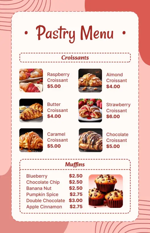 Delicious Croissants and Muffins with Assorted Flavors Pastry Menu Template