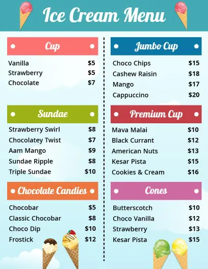 Delicious Cup, Sundae, and Cone Flavors for Every Craving Ice Cream Menu Template