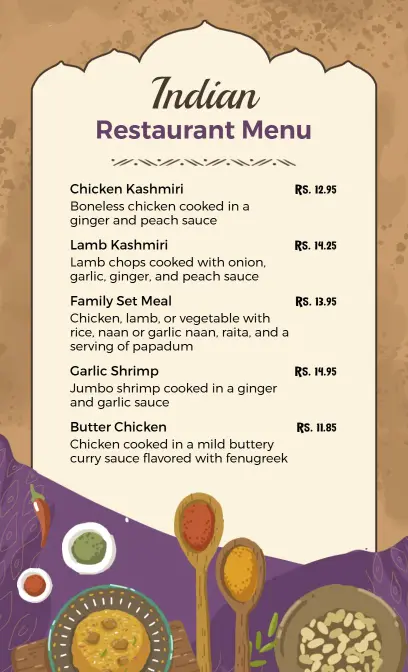 Delicious Curry and Spicy Chicken Dishes Indian Cuisine Menu Template