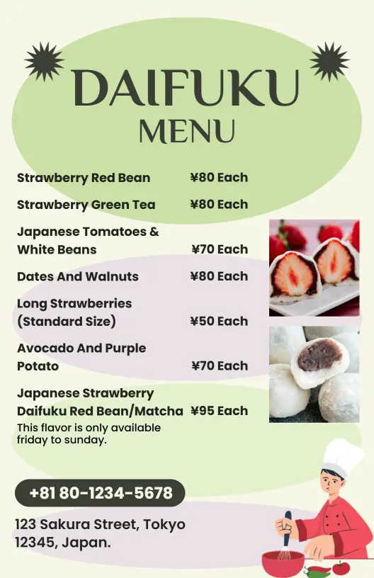 Delicious Daifuku Varieties with Fresh Fruit and Fillings Dessert Menu Template