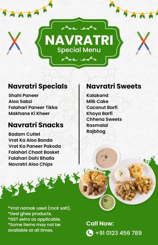 Delicious Falahari Dishes and Savory Snacks Navratri Menu Template