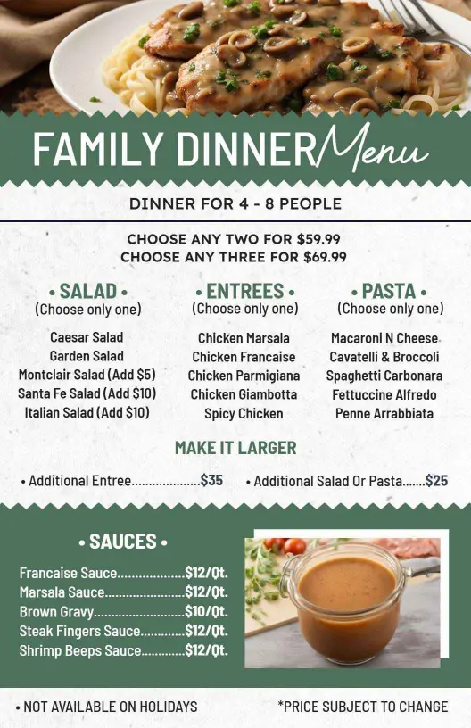 Delicious Family Dinner Selections with Entrees and Sides Dinner Menu Template