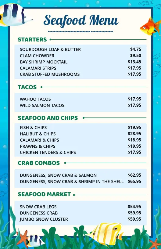 Delicious Fish and Chips with Clam Chowder Selections Seafood Menu Template