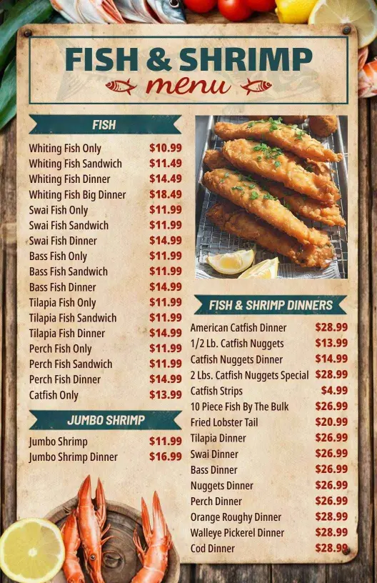 Delicious Fish and Shrimp Dinners Featuring Fresh Catches Seafood Menu Template