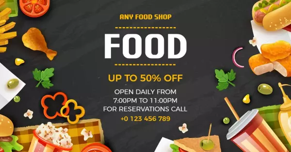 Delicious Food Items Creatively Displayed on a Black Banner Template