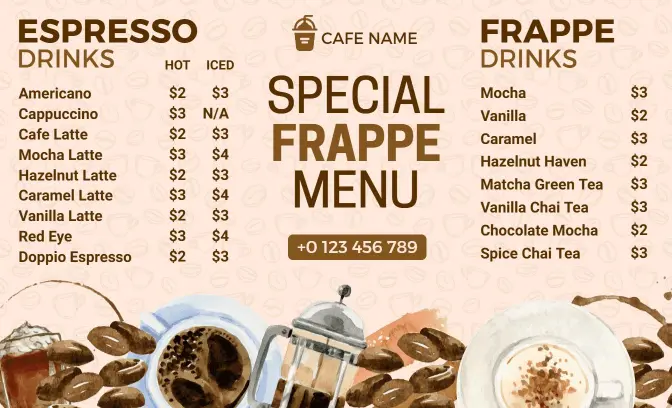 Delicious Frappe and Espresso Selections for Cafe Lovers Menu Template