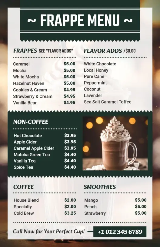 Delicious Frappe Options and Cozy Beverages Cafe Menu Template