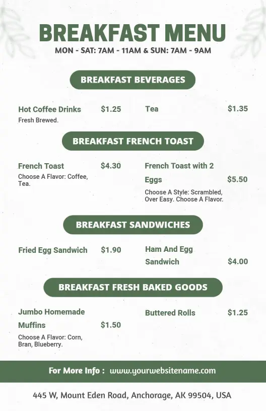 Delicious French Toast and Breakfast Sandwiches Breakfast Menu Template