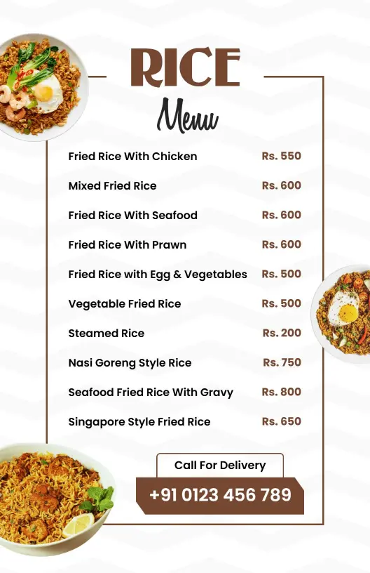 Delicious Fried Rice Varieties and Seafood Specialties Rice Menu Template