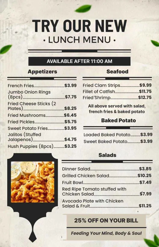 Delicious Fried Seafood and Appetizer Selections Lunch Menu Template