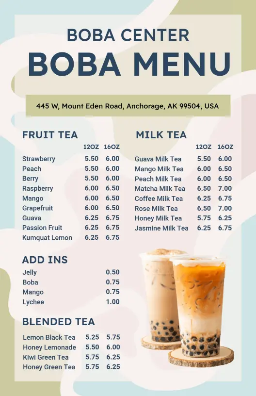 Delicious Fruit and Milk Tea Selections with Tasty Add-Ins Boba Menu Template