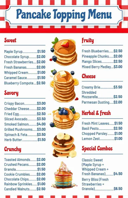 Delicious Fruit and Nut Toppings for Fluffy Pancakes Menu Template