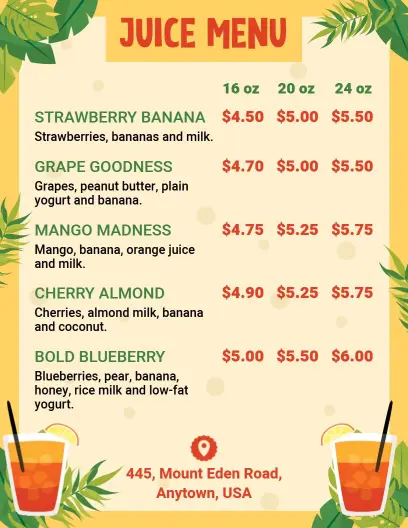 Delicious Fruit Blends and Refreshing Flavors Juice Menu Template