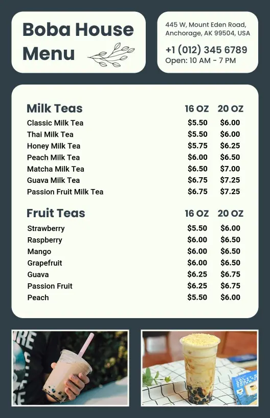 Delicious Fruit Teas and Creamy Milk Options Boba Menu Template