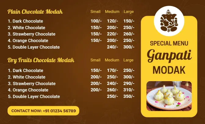 Delicious Ganapati Modak Varieties in Chocolate Flavors Indian Cuisine Menu Template